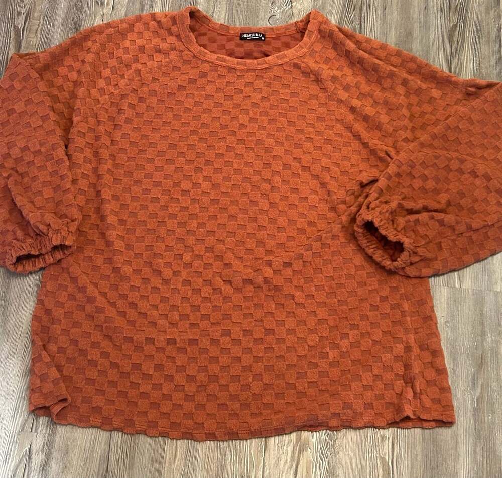 Heimish U.S.A Rust Orange Checkerboard Textured Long Sleeve Top 3XL